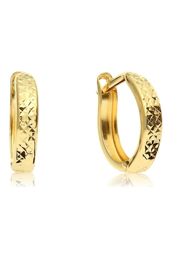 14K Yellow Gold Round Diamond-Cut Engraved Huggies Hoop Earrings | 12mm Small | Women & Unisex