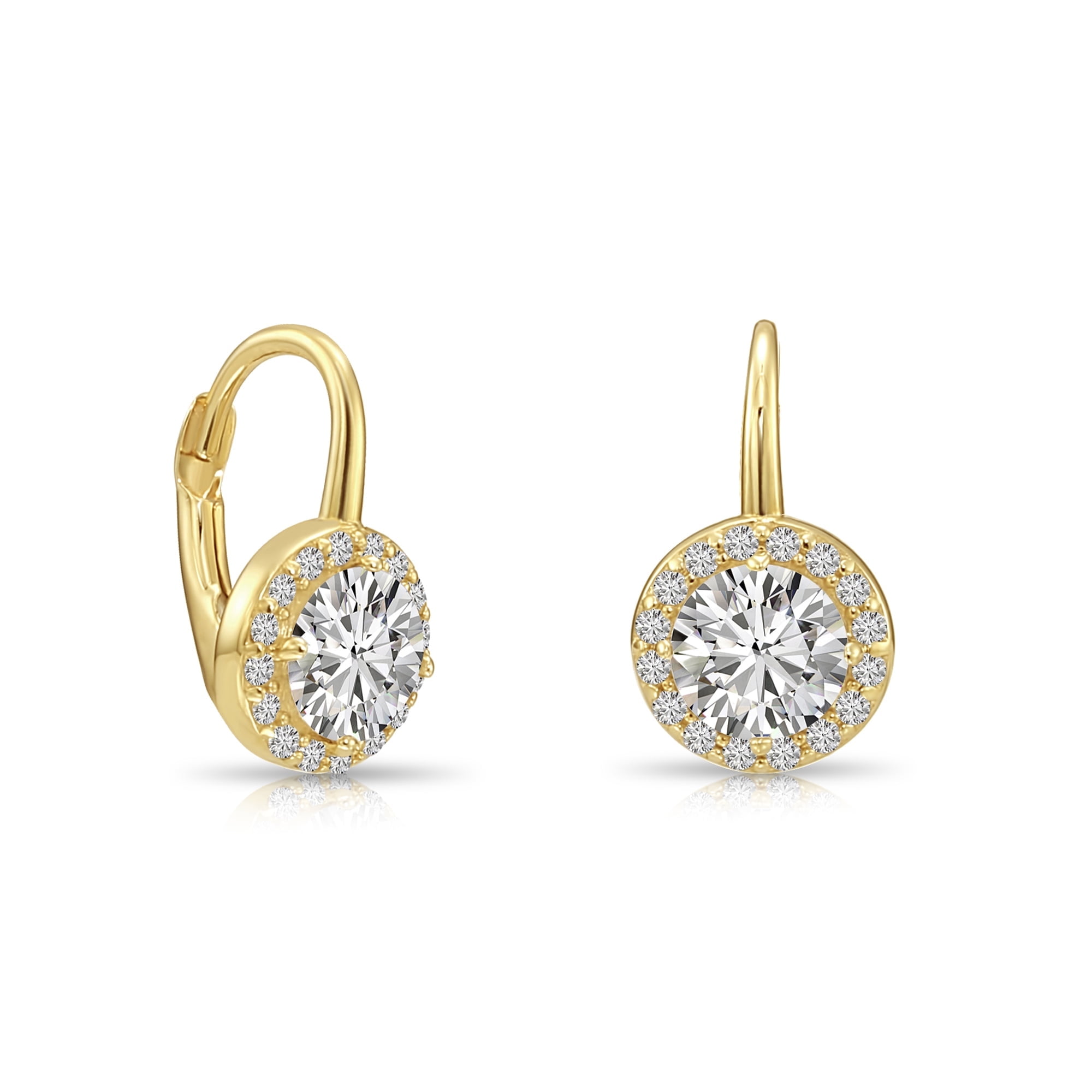 Tilo Jewelry 14K Yellow Gold Round Halo Drop Earrings with Cubic Zirconia CZ Stones | Secure Leaver-Backs | Fancy Earrings for Women & Unisex