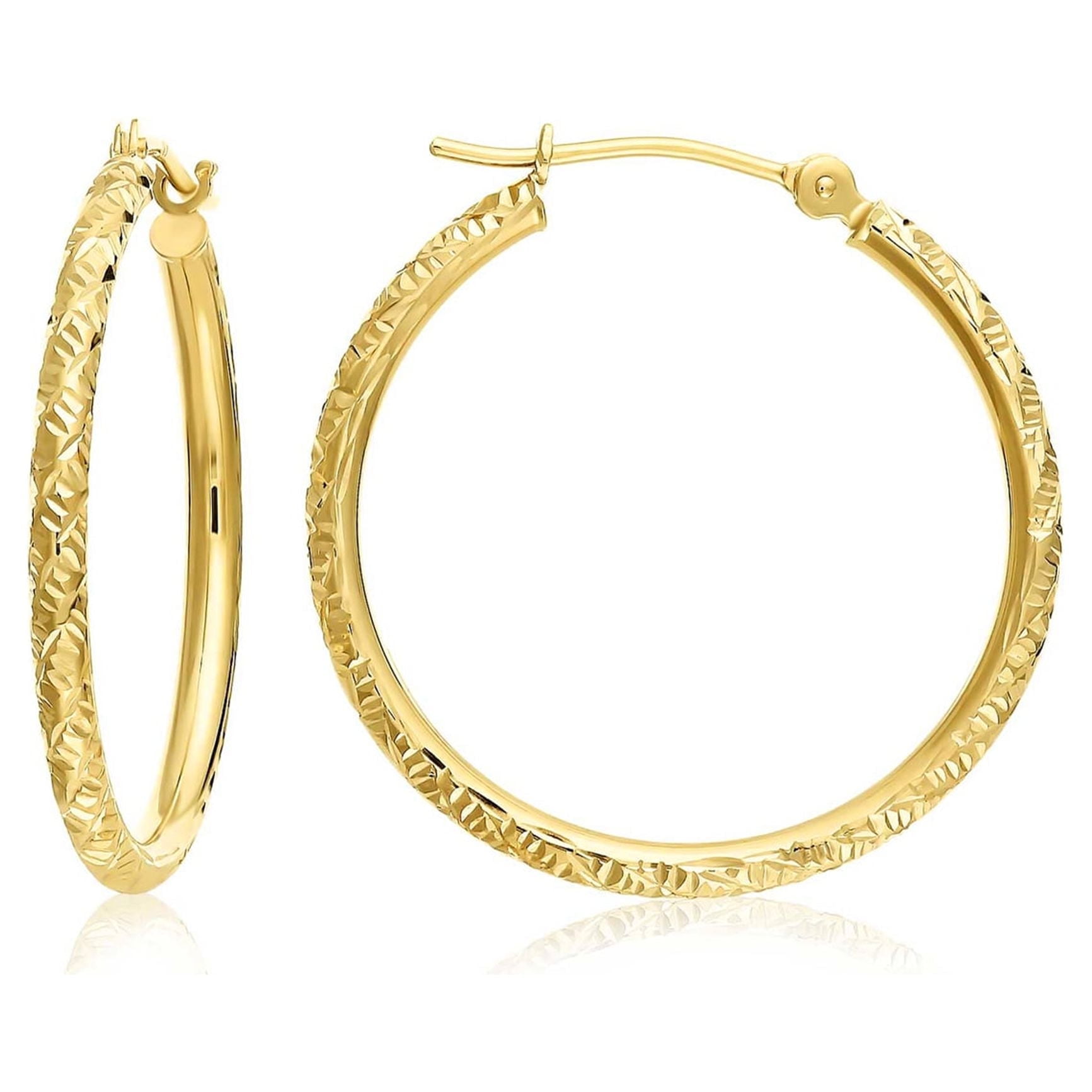 Tilo Jewelry 14K Yellow Gold Round Hoop Earrings with Diamond-Cut Engraving for Women & Unisex | 25mm - 1 Inch