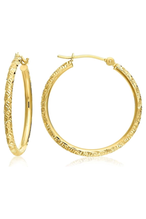 14K Yellow Gold Round Hoop Earrings with Diamond-Cut Engraving for Women & Unisex | 25mm - 1 Inch