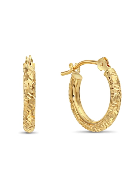 14K Yellow Gold Round Hoop Earrings with Diamond-Cut Engraving for Women, Men, Unisex | 13mm - 0.5 Inch