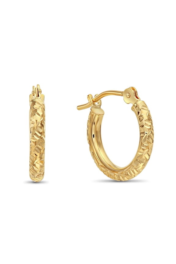 14K Yellow Gold Round Hoop Earrings with Diamond-Cut Engraving for Women, Men, Unisex | 13mm - 0.5 Inch