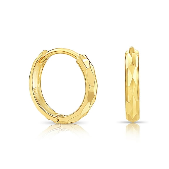 Tilo Jewelry 14K Yellow Gold Round Huggie Hoop Earrings with Diamond-Cut Engraving | 12mm Small | Dainty Everyday Earrings for Women, Men, Unisex