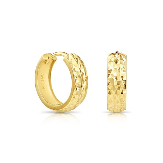 Tilo Jewelry 14K Yellow Gold Round Huggie Hoop Earrings with Diamond-Cut Engraving | 13mm Small | Dainty Everyday Earrings for Women & Unisex