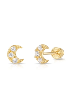 14K Yellow Gold Small Crescent Moon CZ Stud Post Earrings with Secure Screw-Backs | Everyday Dainty Small Earrings for Women & Unisex