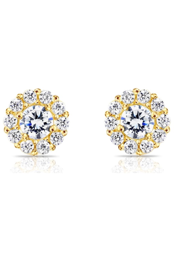 14K Yellow Gold Small Halo Stud Post Earrings with Cubic Zirconia CZ Birthstone | Secure Screw-backs | April | Women & Unisex