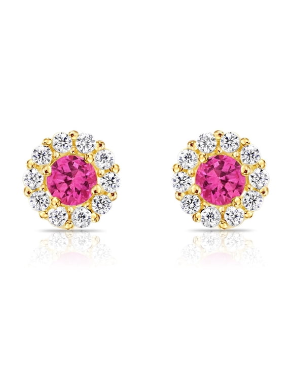 14K Yellow Gold Small Halo Stud Post Earrings with Pink CZ Birthstone | Secure Screw-backs | July-Ruby | Women & Unisex
