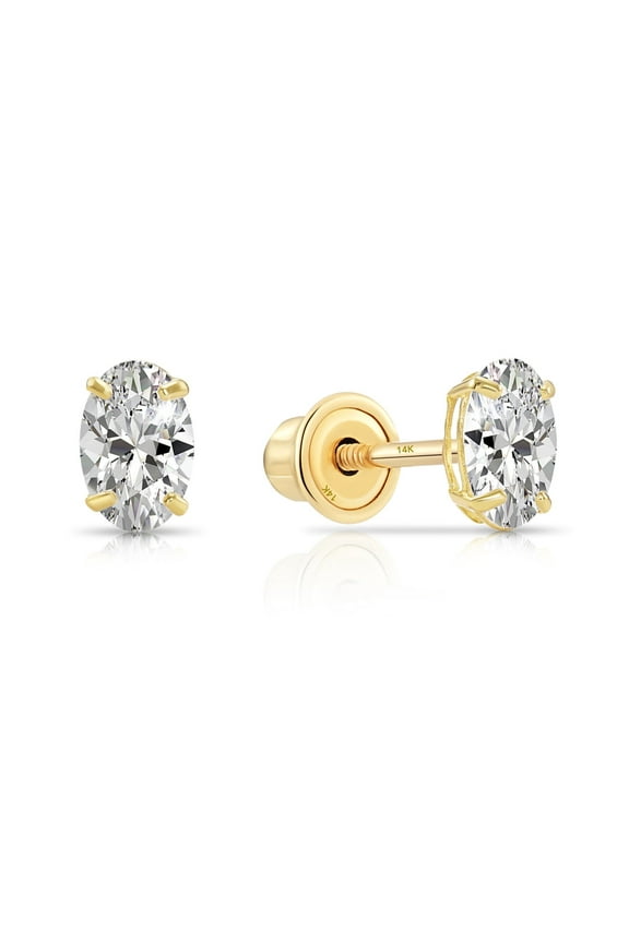 14K Yellow Gold Solitaire Oval CZ Stud Post Earrings with Secure Screw-backs | 6 x 4 mm | Classic Everyday Earrings | Women, Men & Unisex