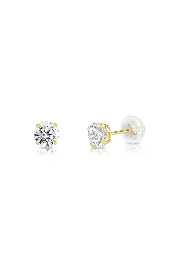 14K Yellow Gold Solitaire Round CZ Stud Post Earrings with Comfortable Silicone-backs | 5mm | Classic Everyday Earrings | Women, Men, Unisex