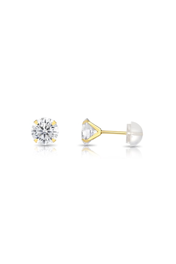 14K Yellow Gold Solitaire Round CZ Stud Post Earrings with Comfortable Silicone-backs | 5mm | Classic Everyday Earrings | Women, Men, Unisex