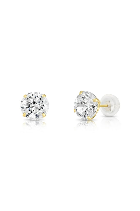 14K Yellow Gold Solitaire Round CZ Stud Post Earrings with Comfortable Silicone-backs | 7mm | Classic Everyday Earrings | Women, Men, Unisex