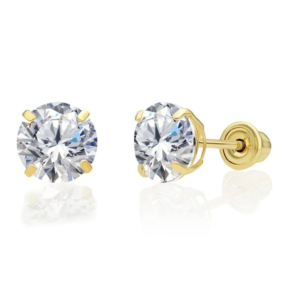 Tilo Jewelry 14K Yellow Gold Solitaire Round CZ Stud Post Earrings with Secure Screw-backs | 6mm | Classic Everyday Earrings | Women, Men, Unisex