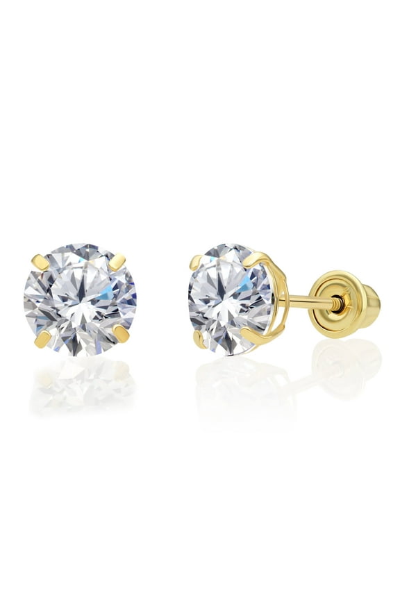 14K Yellow Gold Solitaire Round CZ Stud Post Earrings with Secure Screw-backs | 6mm | Classic Everyday Earrings | Women, Men, Unisex