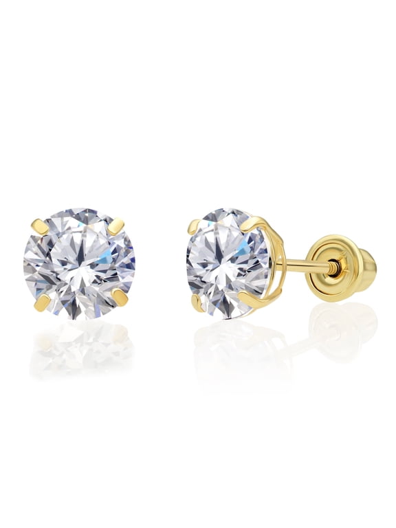 14K Yellow Gold Solitaire Round CZ Stud Post Earrings with Secure Screw-backs | 6mm | Classic Everyday Earrings | Women, Men, Unisex
