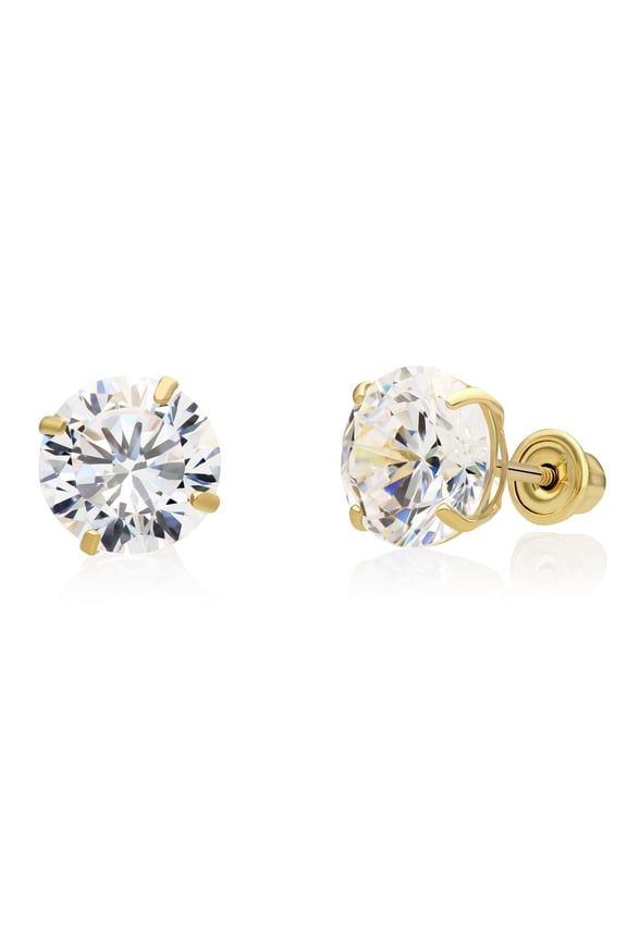 14K Yellow Gold Solitaire Round CZ Stud Post Earrings with Secure Screw-backs | 8mm | Classic Everyday Earrings | Women, Men, Unisex