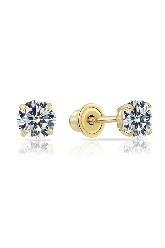 14K Yellow Gold Solitaire Round CZ Stud Post Earrings with Secure Screw-backs | 4mm | Classic Everyday Earrings | Women, Men, Unisex