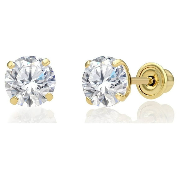 Tilo Jewelry 14K Yellow Gold Solitaire Round CZ Stud Post Earrings with Secure Screw-backs | 5mm | Classic Everyday Earrings | Women, Men, Unisex
