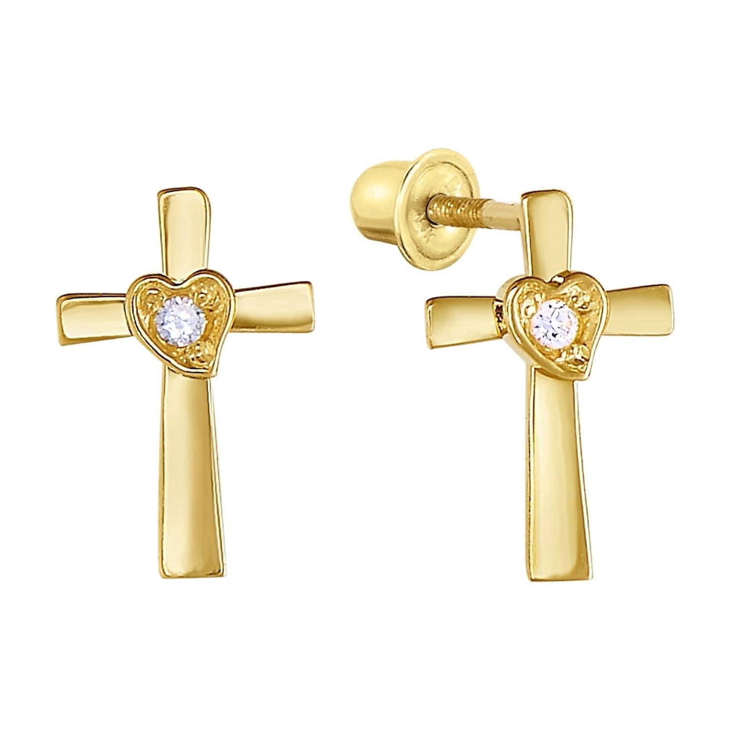 Tilo Jewelry 14K Yellow Gold Tiny Cross & Heart CZ Stud Post Earrings with Secure Screw-Backs | Everyday Dainty Small Earrings for Women & Unisex