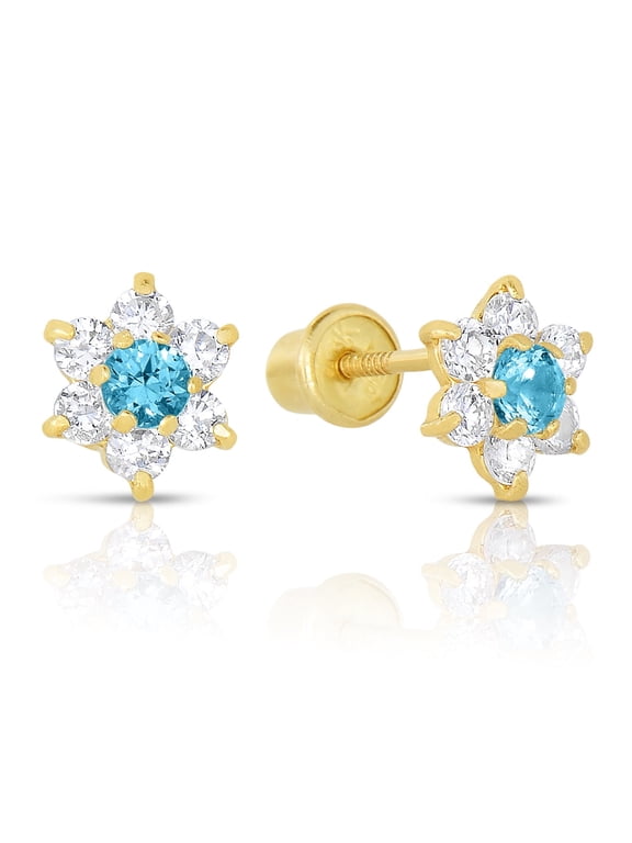 14K Yellow Gold Tiny Flower Stud Post Earrings with Blue CZ Birthstone | Secure Screw-backs | March-Aquamarine | Women & Unisex