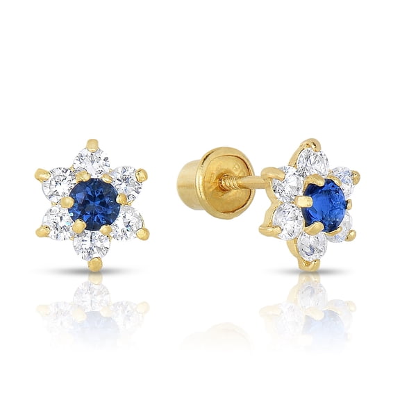 Tilo Jewelry 14K Yellow Gold Tiny Flower Stud Post Earrings with Blue CZ Birthstone | Secure Screw-backs | September-Sapphire | Women & Unisex