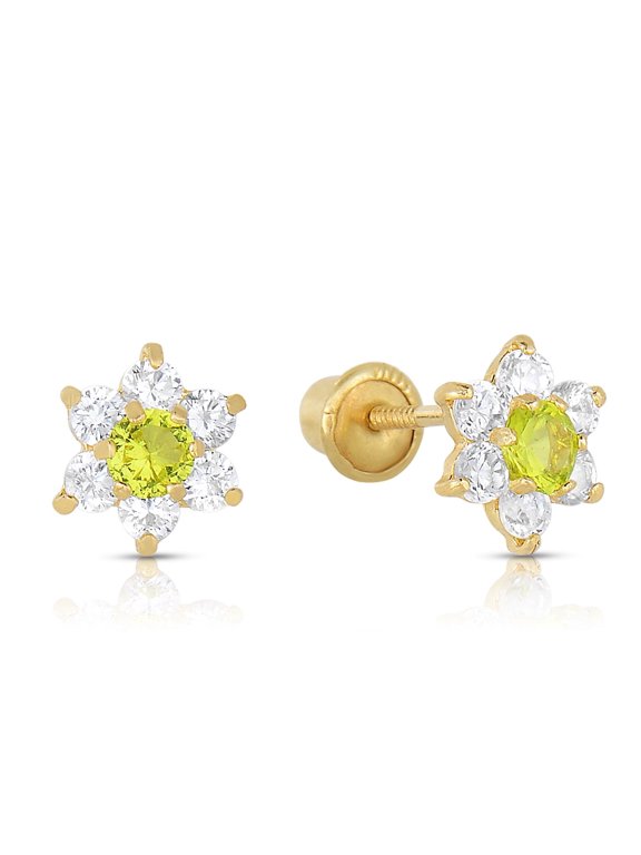 14K Yellow Gold Tiny Flower Stud Post Earrings with Green CZ Birthstone | Secure Screw-backs | August-Peridot | Women & Unisex