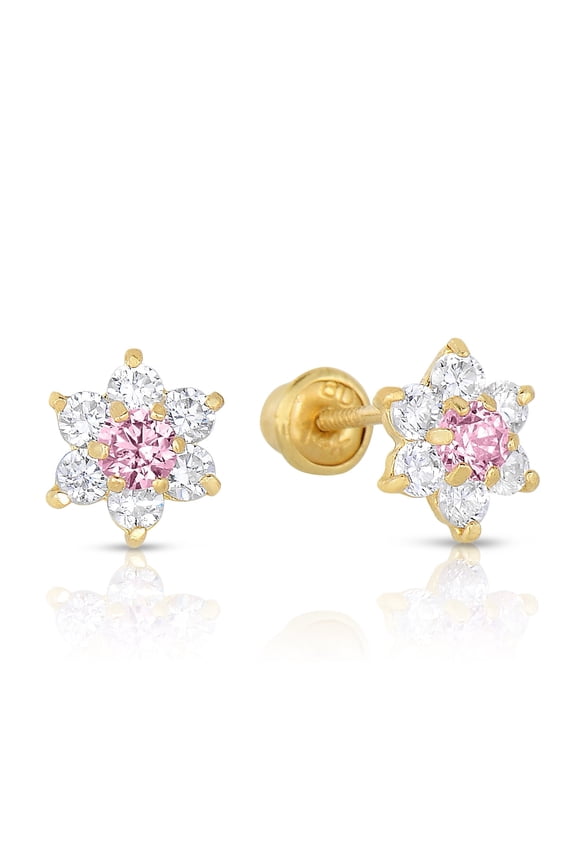 14K Yellow Gold Tiny Flower Stud Post Earrings with Pink CZ Birthstone | Secure Screw-backs | October-Tourmaline | Women & Unisex