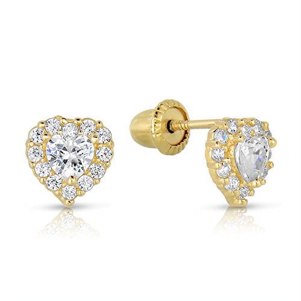 Tilo Jewelry 14K Yellow Gold Tiny Heart Halo Stud Post Earrings with Cubic Zirconia CZ Birthstone | Secure Screw-backs | April | Women & Unisex