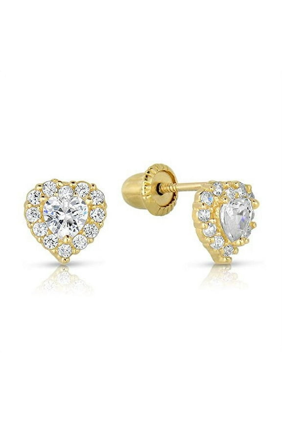 14K Yellow Gold Tiny Heart Halo Stud Post Earrings with Cubic Zirconia CZ Birthstone | Secure Screw-backs | April | Women & Unisex