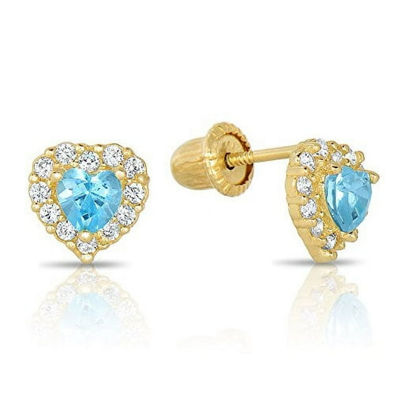 Tilo Jewelry 14K Yellow Gold Tiny Heart Stud Post Earrings with Blue CZ Birthstone | Secure Screw-backs | March-Aquamarine | Women & Unisex