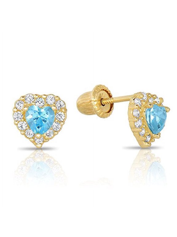 14K Yellow Gold Tiny Heart Stud Post Earrings with Blue CZ Birthstone | Secure Screw-backs | March-Aquamarine | Women & Unisex