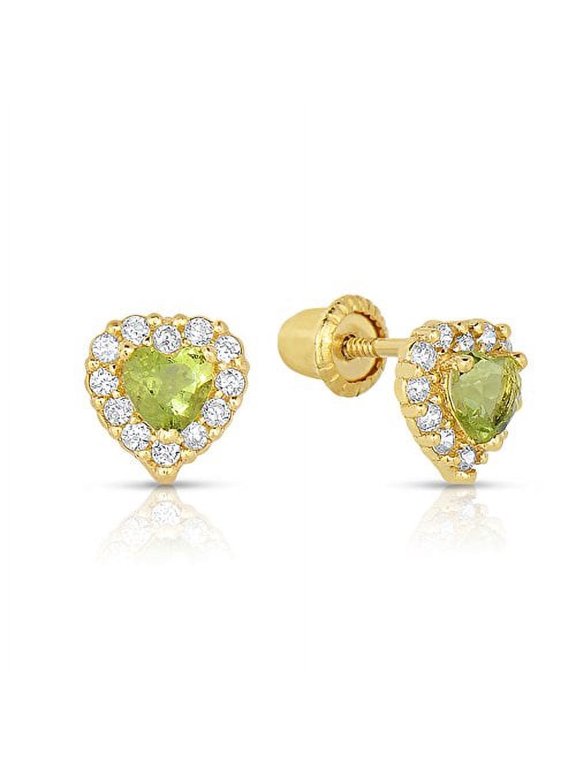 14K Yellow Gold Tiny Heart Stud Post Earrings with Green CZ Birthstone | Secure Screw-backs | August-Peridot | Women & Unisex