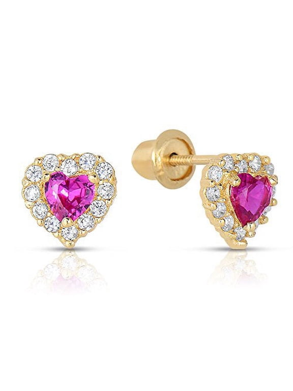 14K Yellow Gold Tiny Heart Stud Post Earrings with Pink CZ Birthstone | Secure Screw-backs | July-Ruby | Women & Unisex