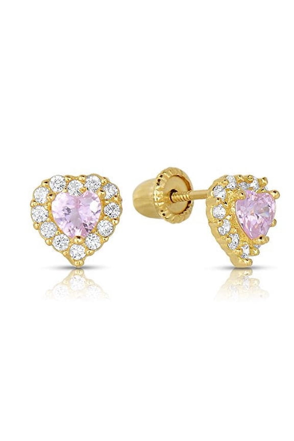 14K Yellow Gold Tiny Heart Stud Post Earrings with Pink CZ Birthstone | Secure Screw-backs | October-Tourmaline | Women & Unisex