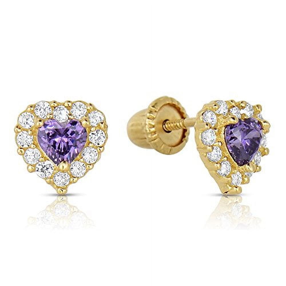 Tilo Jewelry 14K Yellow Gold Tiny Heart Stud Post Earrings with Purple CZ Birthstone | Secure Screw-backs | February-Amethyst | Women & Unisex