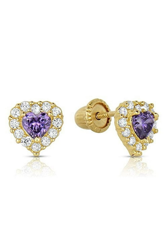 14K Yellow Gold Tiny Heart Stud Post Earrings with Purple CZ Birthstone | Secure Screw-backs | February-Amethyst | Women & Unisex
