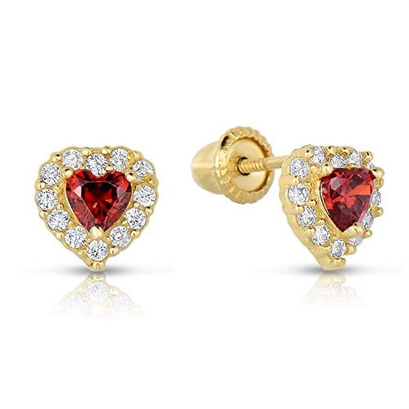 Tilo Jewelry 14K Yellow Gold Tiny Heart Stud Post Earrings with Red CZ Birthstone | Secure Screw-backs | January-Garnet | Women & Unisex