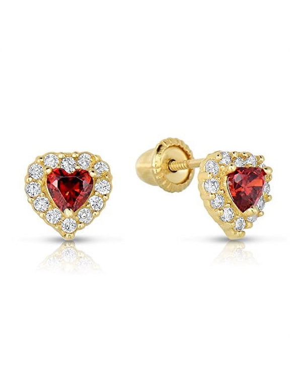 14K Yellow Gold Tiny Heart Stud Post Earrings with Red CZ Birthstone | Secure Screw-backs | January-Garnet | Women & Unisex