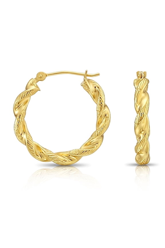 14K Yellow Gold Twisted Rope Chunky Hoop Earrings with Diamond-Cut Engraved (21mm) for Women & Unisex