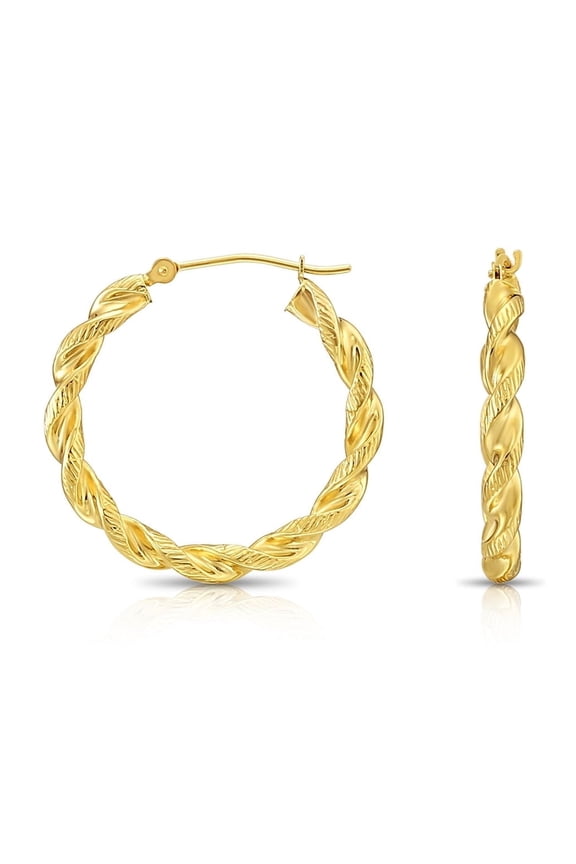 14K Yellow Gold Twisted Rope Chunky Hoop Earrings with Diamond-Cut Engraved (26mm) for Women & Unisex