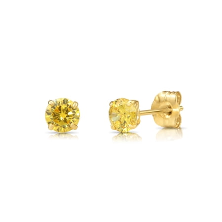Tilo Jewelry 14K Yellow Gold Yellow Round Stud Post Earrings with Cubic Zirconia CZ Birthstone | November-Citrine | Women, Men, Unisex