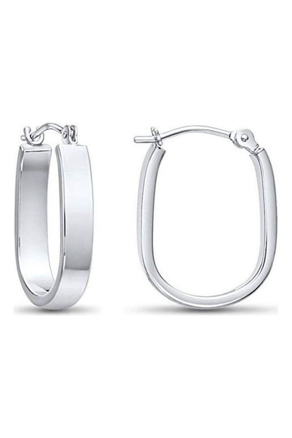 14k White Gold Oval Flat Hoop Earrings with Rectangle Tube (0.75 inch) for Women & Unisex