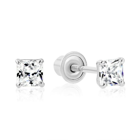 Tilo Jewelry 14k White Gold Princess Cut Square CZ Stud Post Earrings With Screw-Backs (3MM) - Women, Men, Unisex