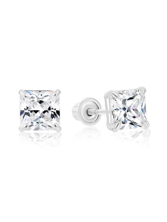 14k White Gold Princess Cut Square CZ Stud Post Earrings With Screw-Backs (5MM) - Women, Men, Unisex
