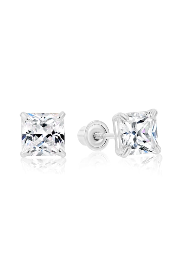 14k White Gold Princess Cut Square CZ Stud Post Earrings With Screw-Backs (5MM) - Women, Men, Unisex