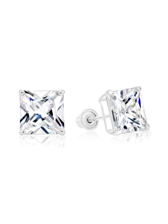 14k White Gold Princess Cut Square CZ Stud Post Earrings With Screw-Backs (7MM) - Women, Men, Unisex