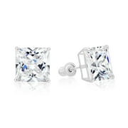 Tilo Jewelry 14k White Gold Princess Cut Square CZ Stud Post Earrings With Screw-Backs (8MM) - Women, Men, Unisex