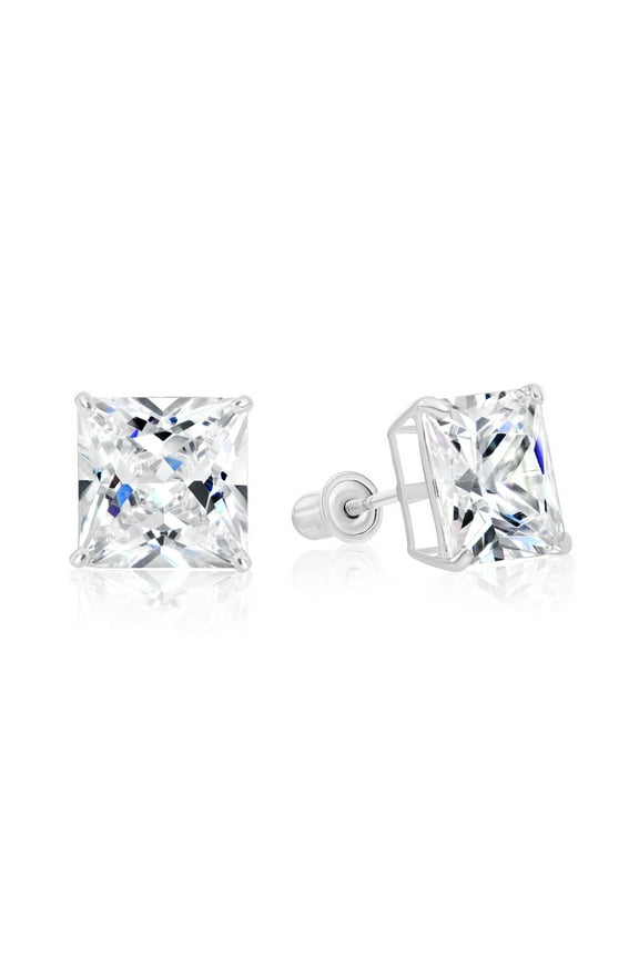 14k White Gold Princess Cut Square CZ Stud Post Earrings With Screw-Backs (8MM) - Women, Men, Unisex