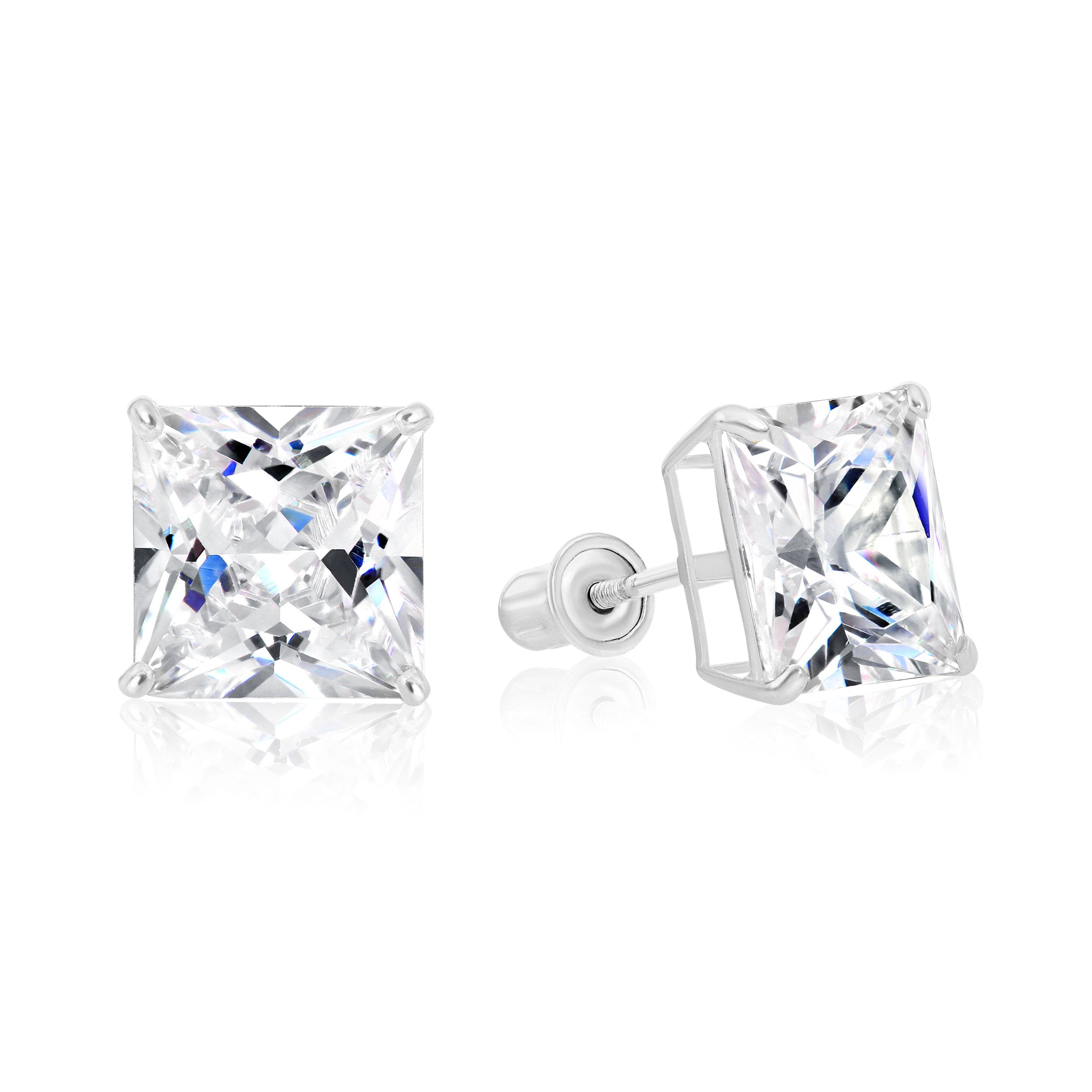 14K Solid Gold CZ Square Solitaire Studs