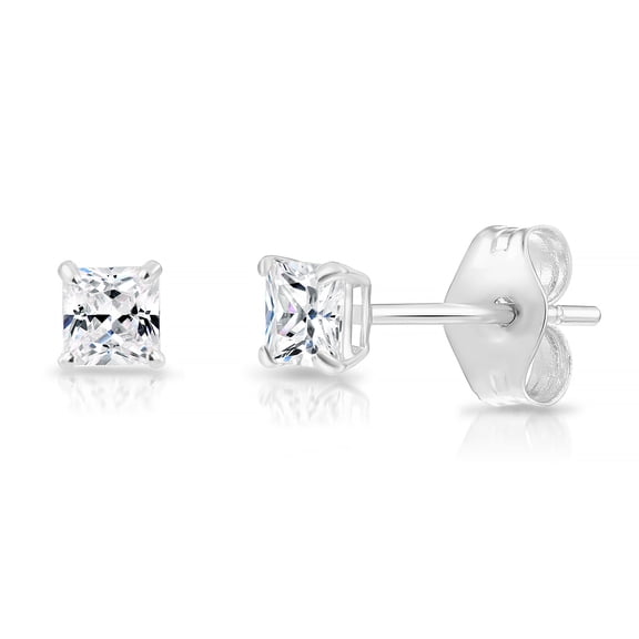Tilo Jewelry 14k White Gold Princess Cut Square CZ Stud Post Earrings with Push-Backs (3MM) - Women, Men, Unisex