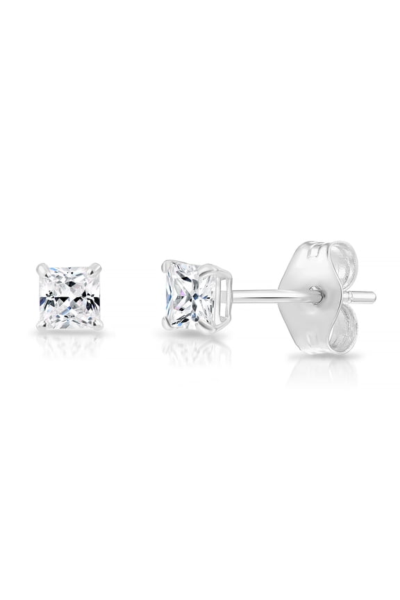 14k White Gold Princess Cut Square CZ Stud Post Earrings with Push-Backs (3MM) - Women, Men, Unisex